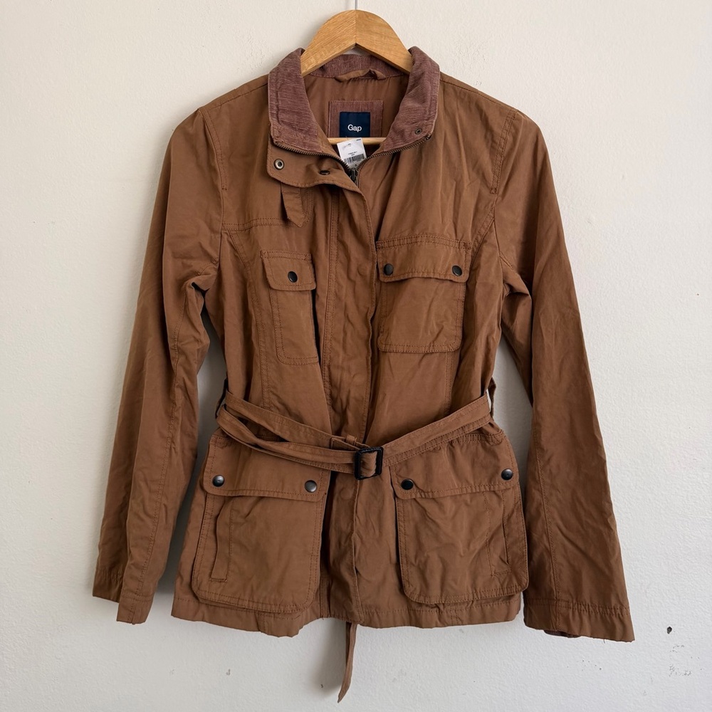 Gap Belted Utility Barn Jacket Corduroy Collar Lightweight Field Coat Olive M